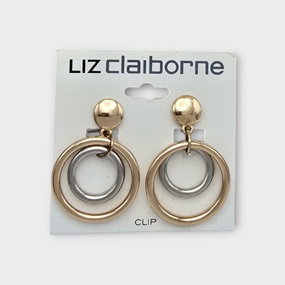 Liz Claiborne Gold Silver Double Hoop Clip-On Earrings NWT – Retro 80s 90s - Picture 2 of 7